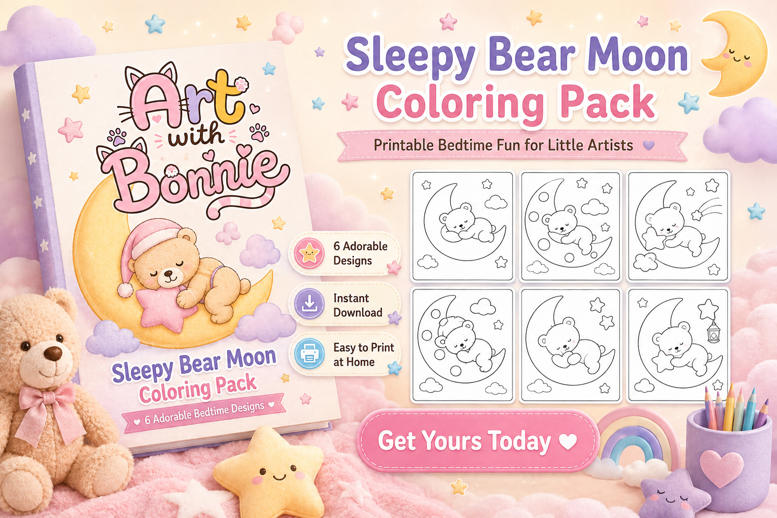Sleepy Bear Moon Printable Coloring PDF
