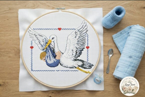 Stork and Boy Cross Stitch Pattern