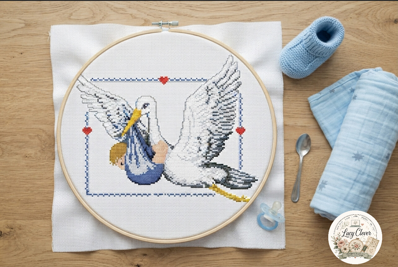Stork and Boy Cross Stitch Pattern