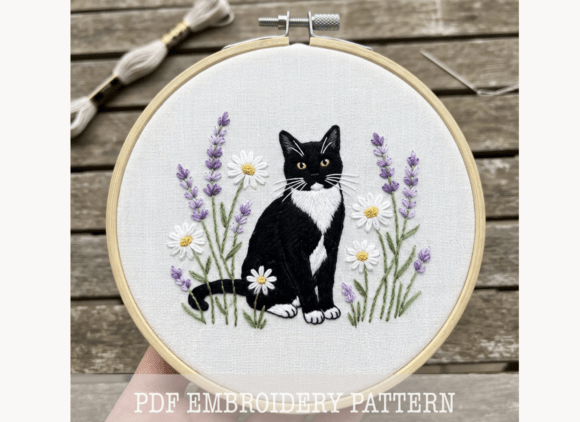 Tuxedo Cat Lavender Embroidery Pattern
