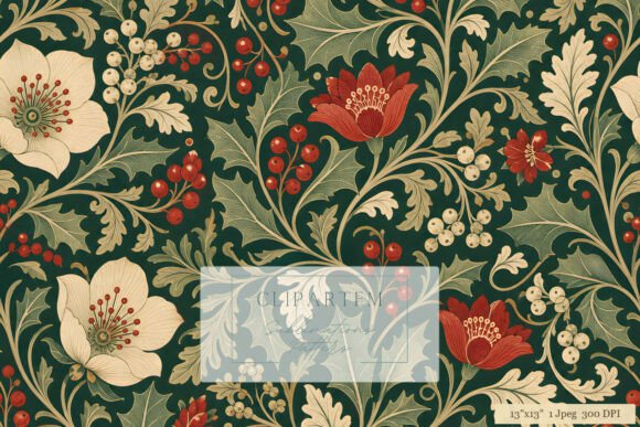 Victorian Christmas Floral Pattern Print