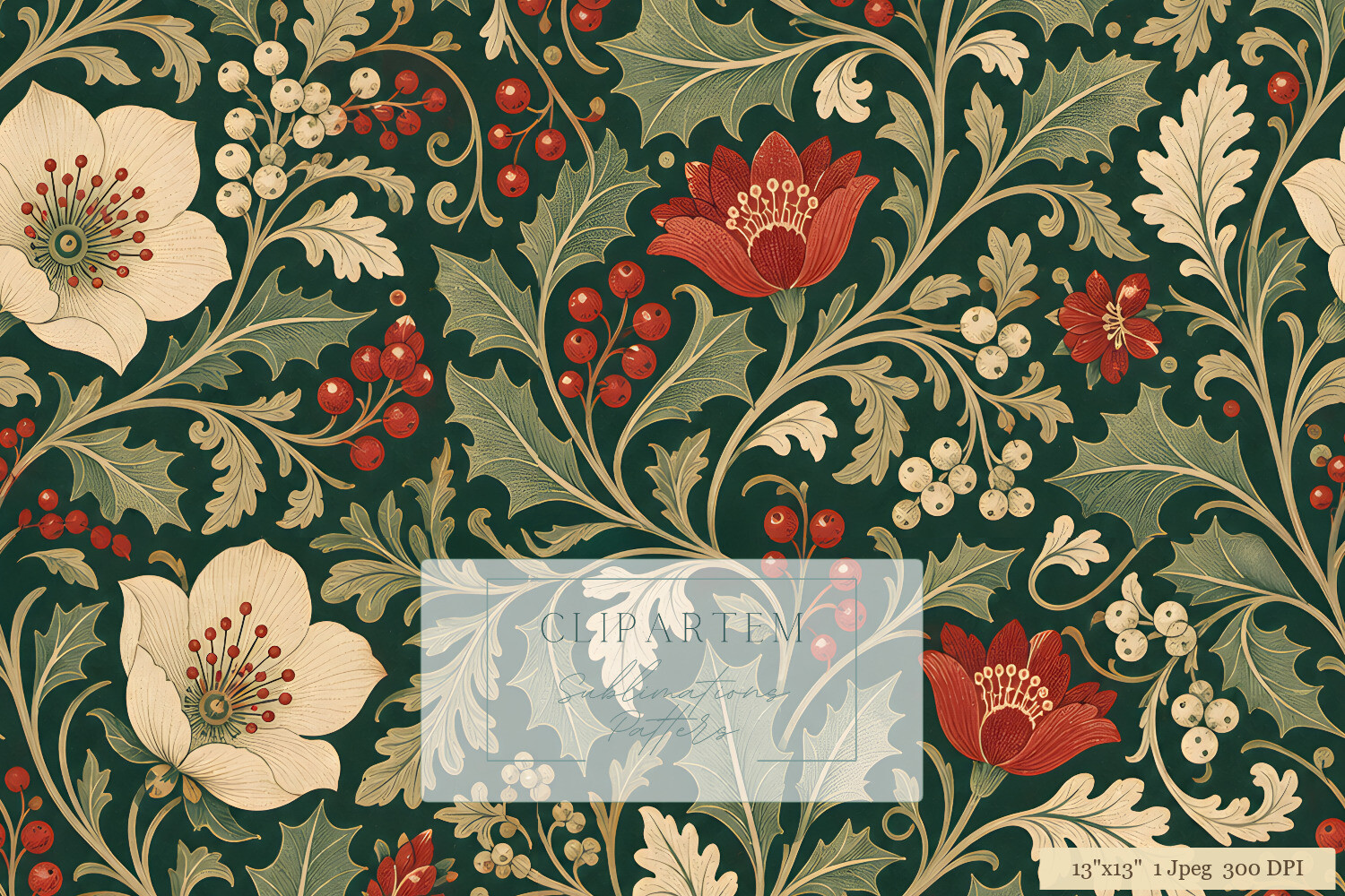 Victorian Christmas Floral Pattern Print