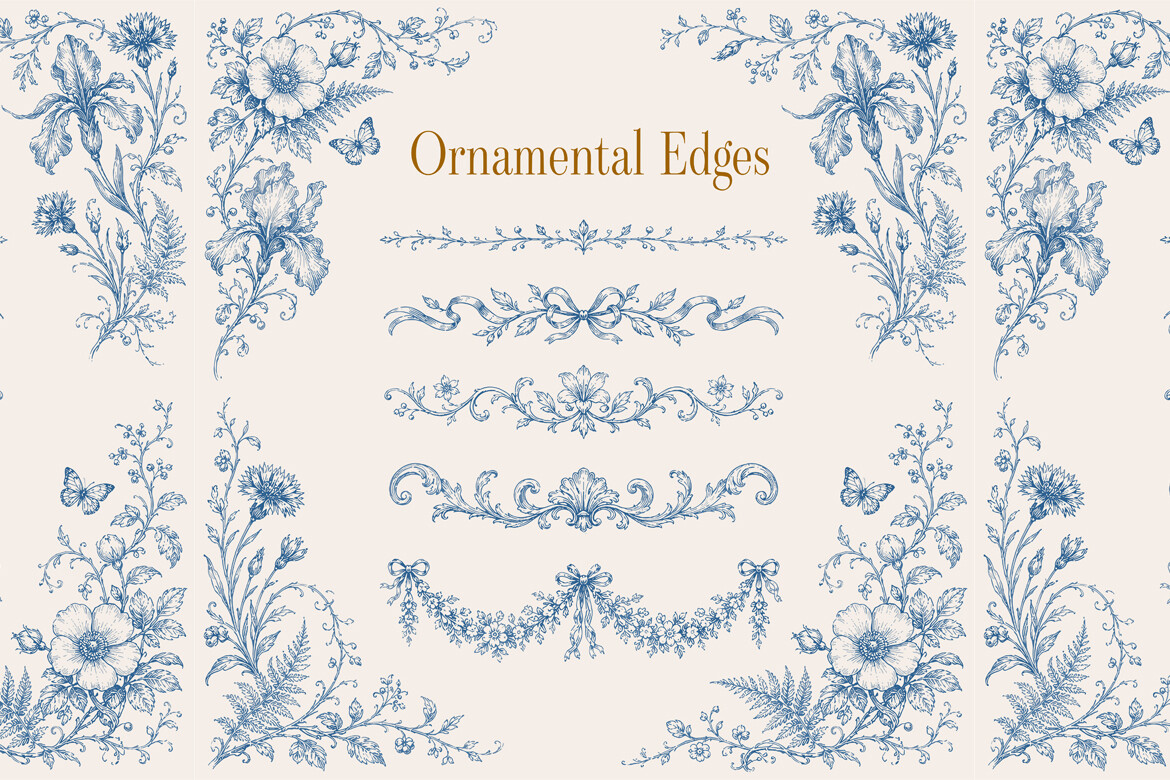 Vintage Blue Toile De Jouy Floral Border