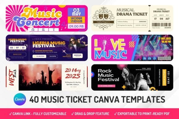 40 Music Ticket Canva Templates