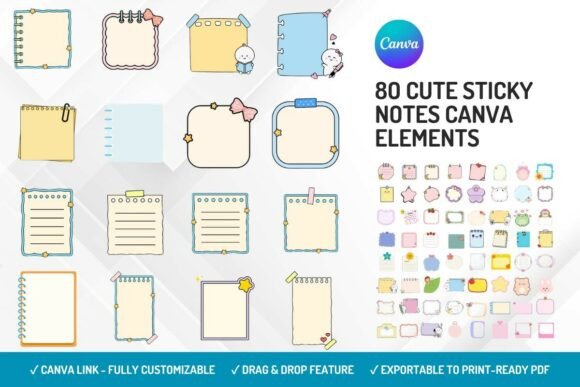 Cute sticky note Canva elements for planners and creative notes