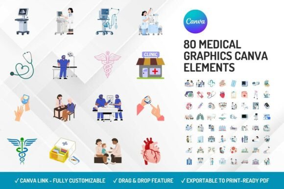 Medical Canva elements with healthcare graphics and symbols