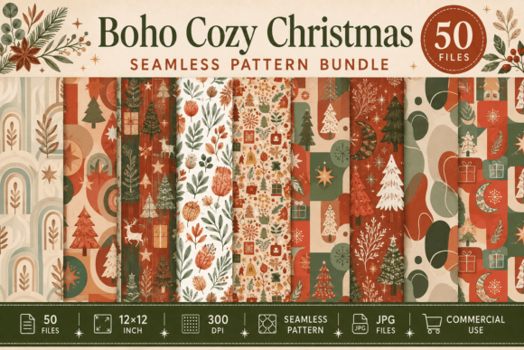 Boho Cozy Christmas Seamless Patterns
