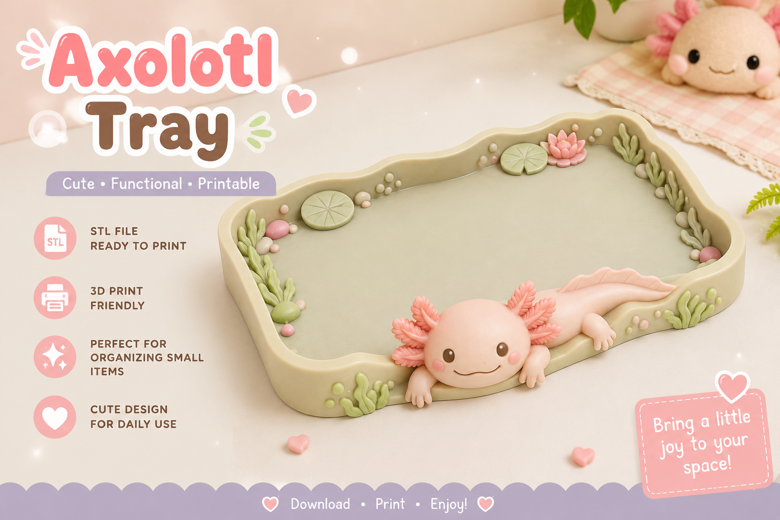 Cute Axolotl Lily Pad Desk Tray & Catch-All Organizer STL 3D Print - Image 4