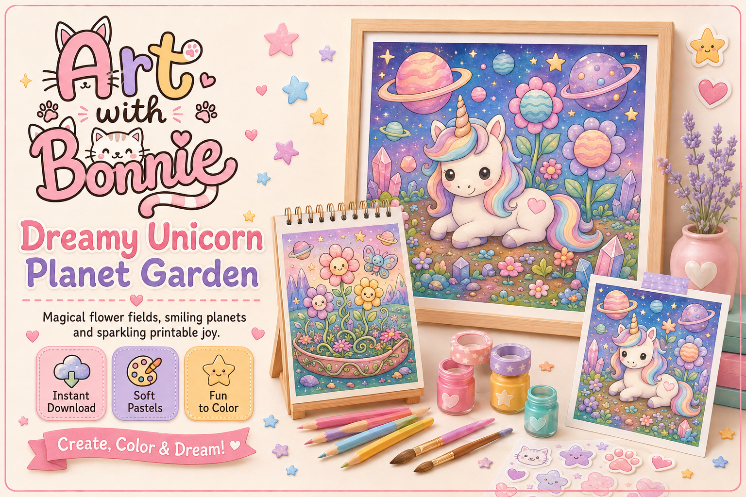 Kawaii Galaxy Garden Coloring PDF