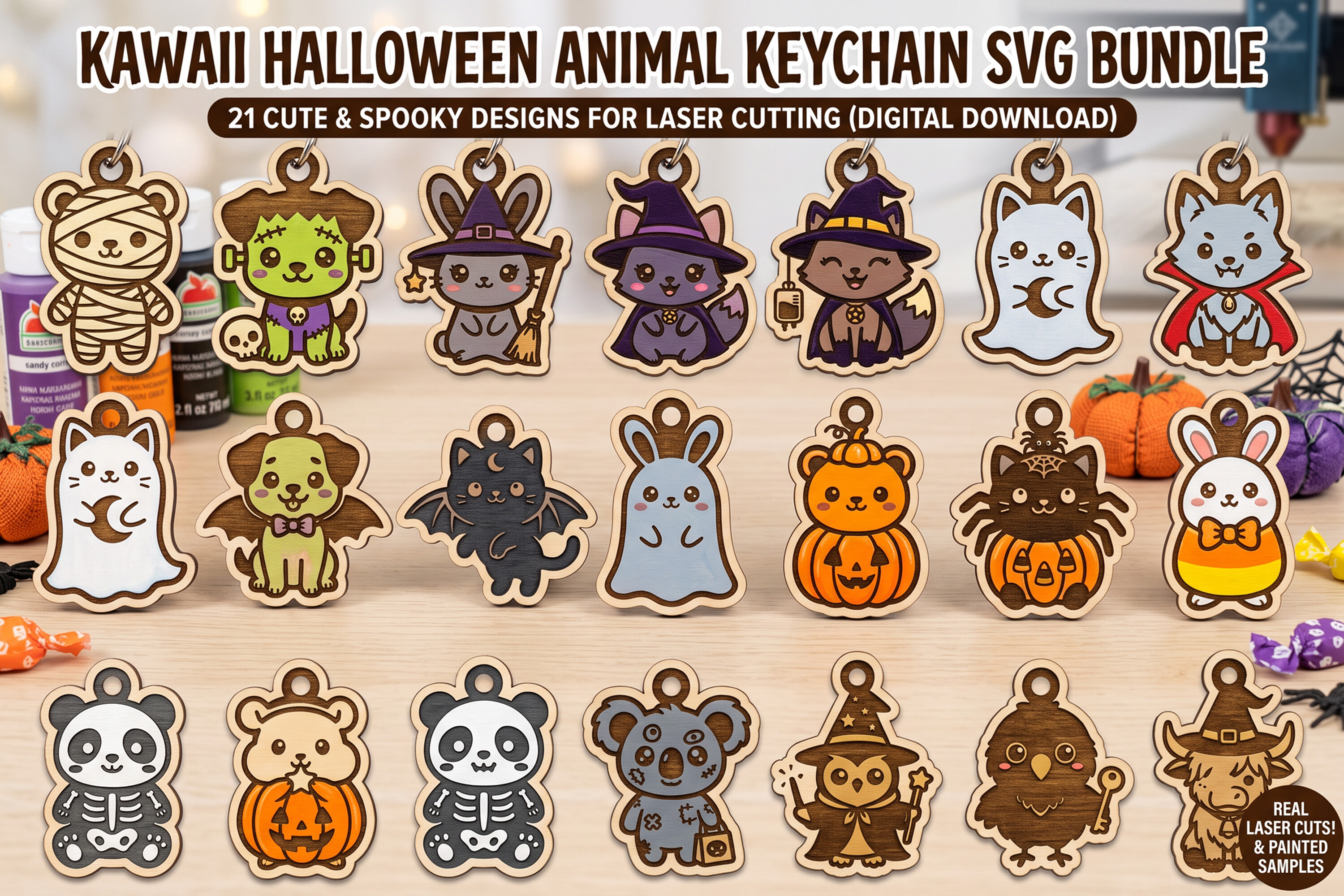 Kawaii Halloween Animal Keychain Bundle · Creative Fabrica