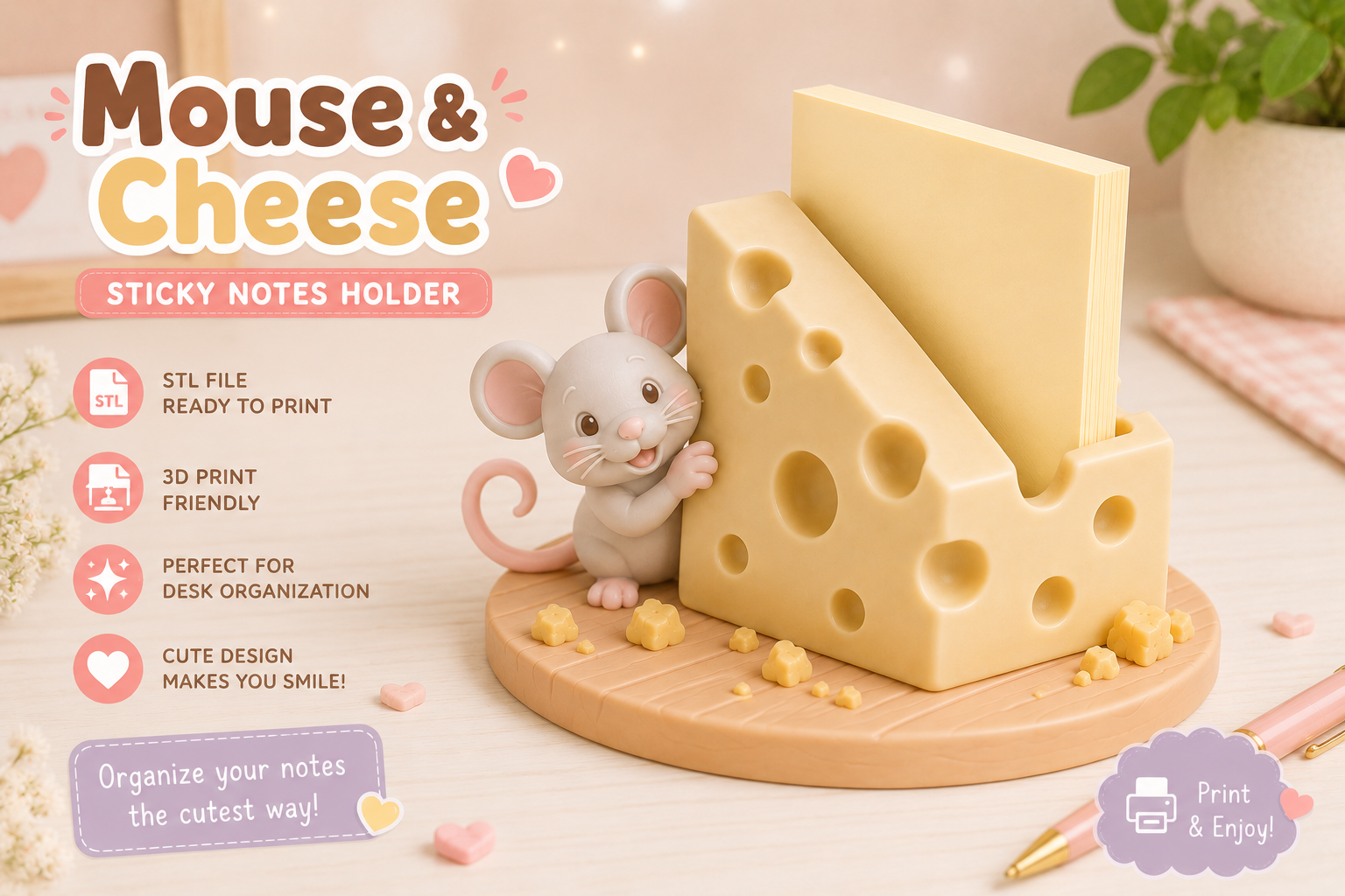 Mouse & Cheese Sticky Notes Holder STL - 3D Printable Desk Organizer - Image 3