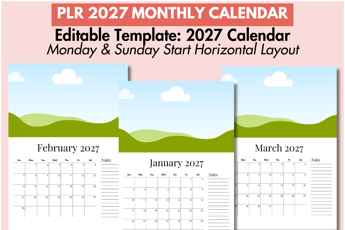 PLR 2027 Monthly Calendar Editable