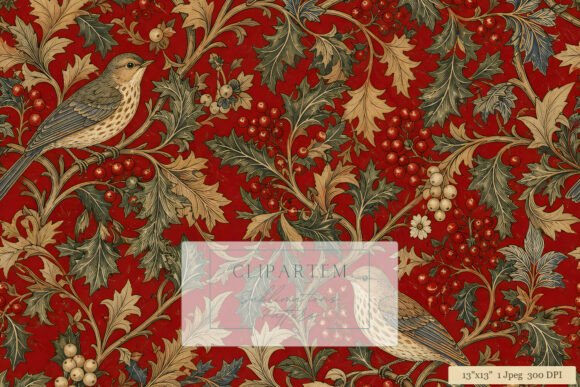 Victorian Christmas Birds Holly Pattern