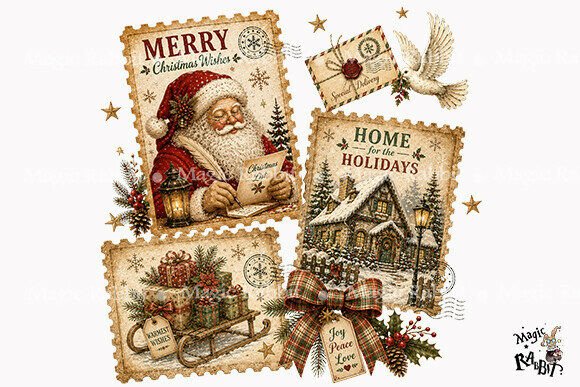 Vintage Christmas Postcards PNG