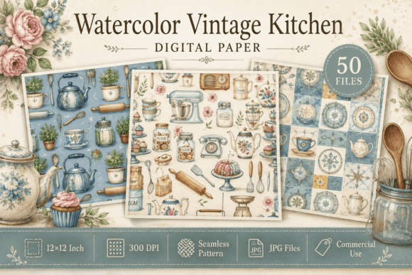 Watercolor Vintage Kitchen Patterns