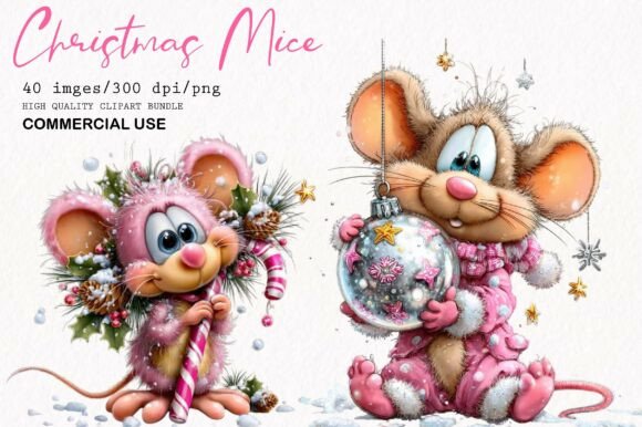 Whimsical Christmas Mice Clipart Bundle