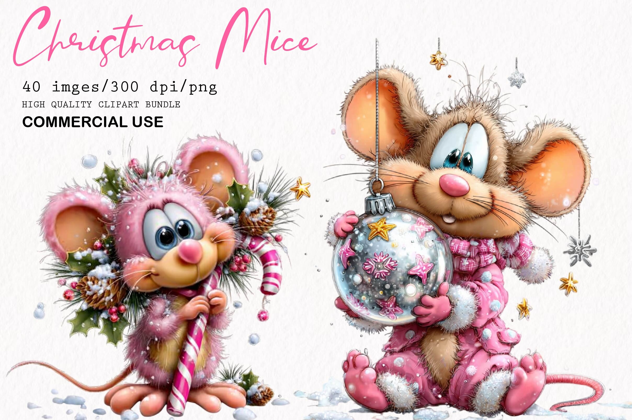 Whimsical Christmas Mice Clipart Bundle
