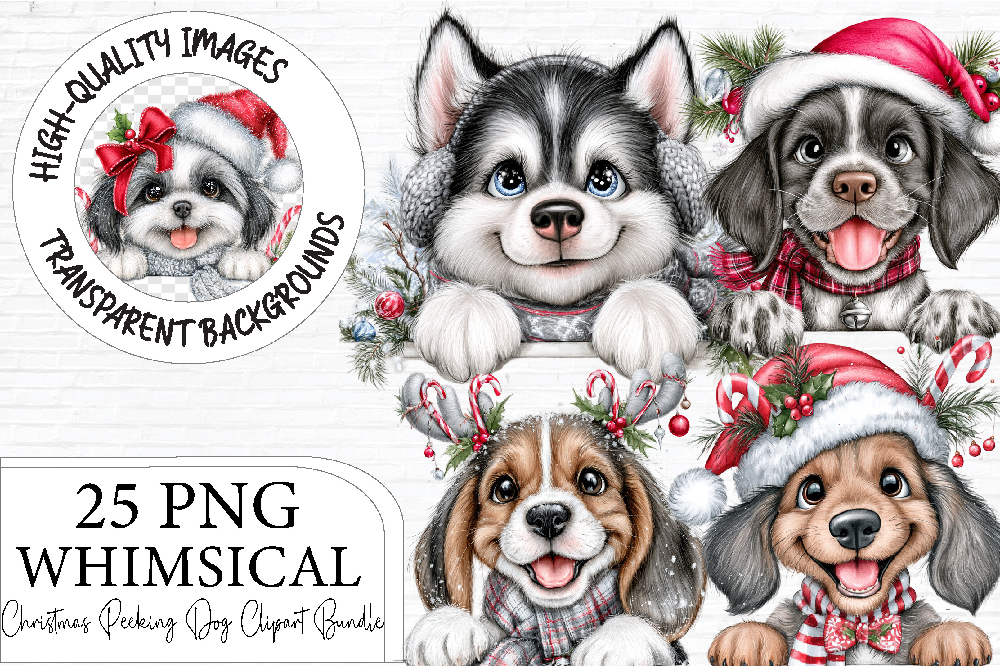 Whimsical Christmas Peeking Dog Clipart