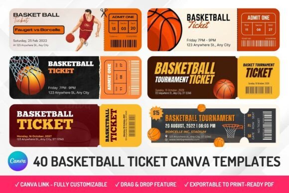 40 Basketball Ticket Canva Templates