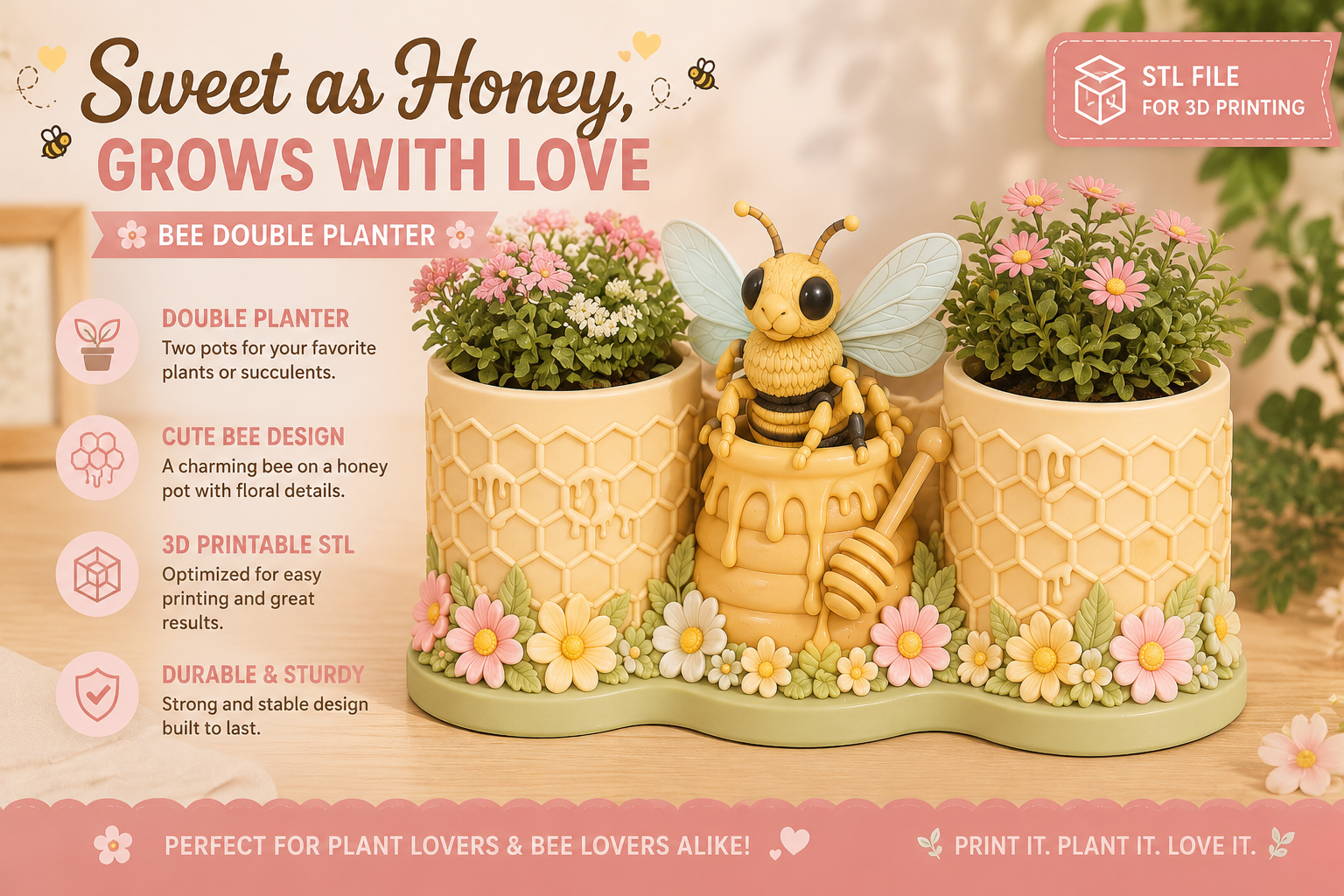 Bee Double Planter STL | 3D Printable Succulent Pot - Image 3