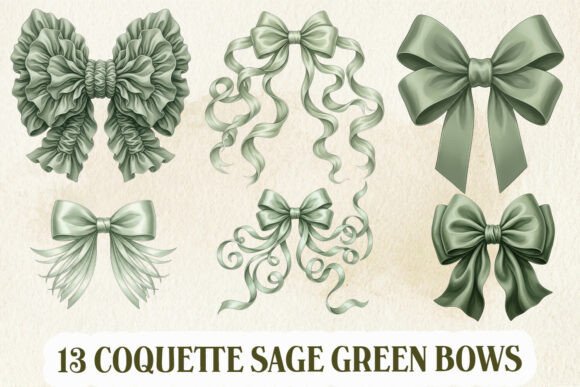 Coquette Sage Green Bows Clipart Bundle
