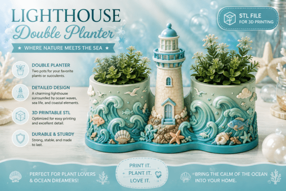 Lighthouse Double Planter STL | Coastal 3D Printable Succulent Pot - Image 1