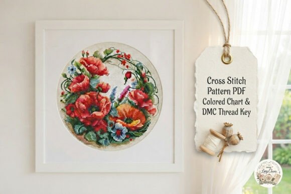 Poppy Wreath Cross Stitch Pattern