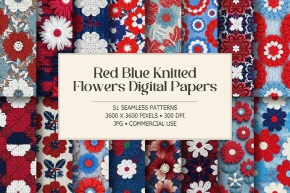 Red Blue Knitted Flowers Patterns