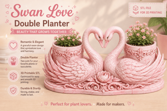Swan Love Double Planter STL - Romantic 3D Print Succulent Pot - Image 1