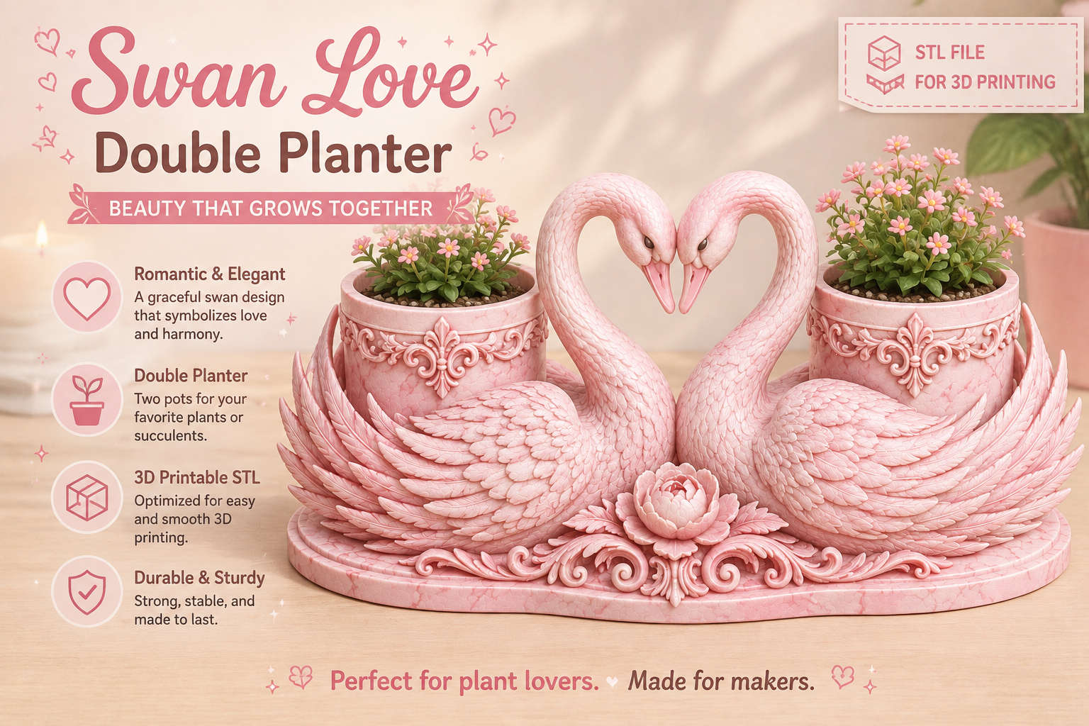 Swan Love Double Planter STL - Romantic 3D Print Succulent Pot - Image 3