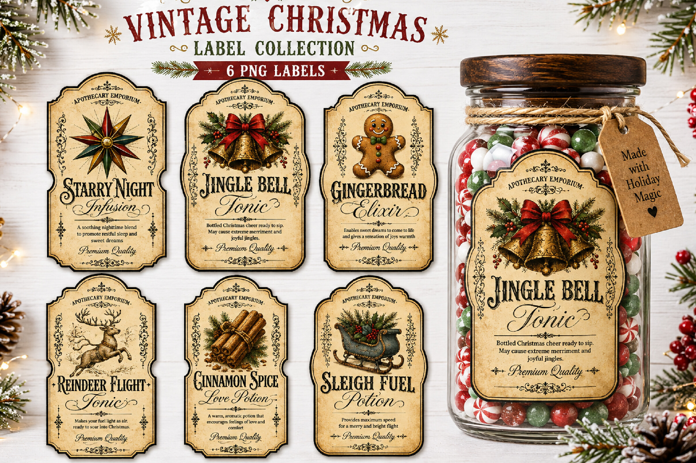 Vintage Christmas Apothecary Labels PNG