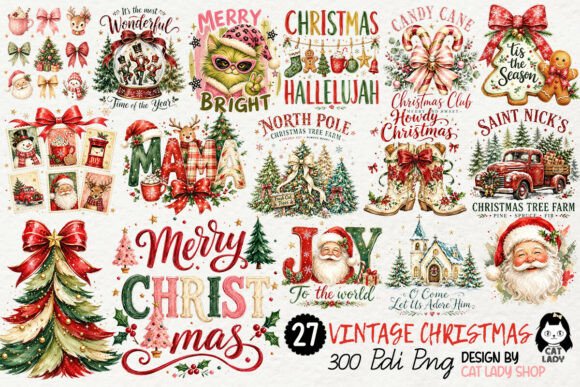 Vintage Watercolor Christmas Holiday PNG