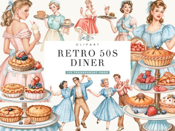 Watercolor Retro Diner Clipart Bundle