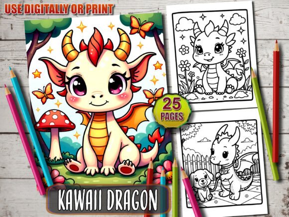 25 Little Kawaii Dragon Coloring Book