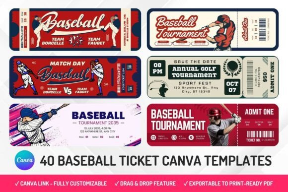 40 Baseball Ticket Canva Templates