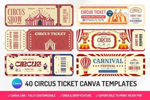 40 Circus Ticket Canva Templates
