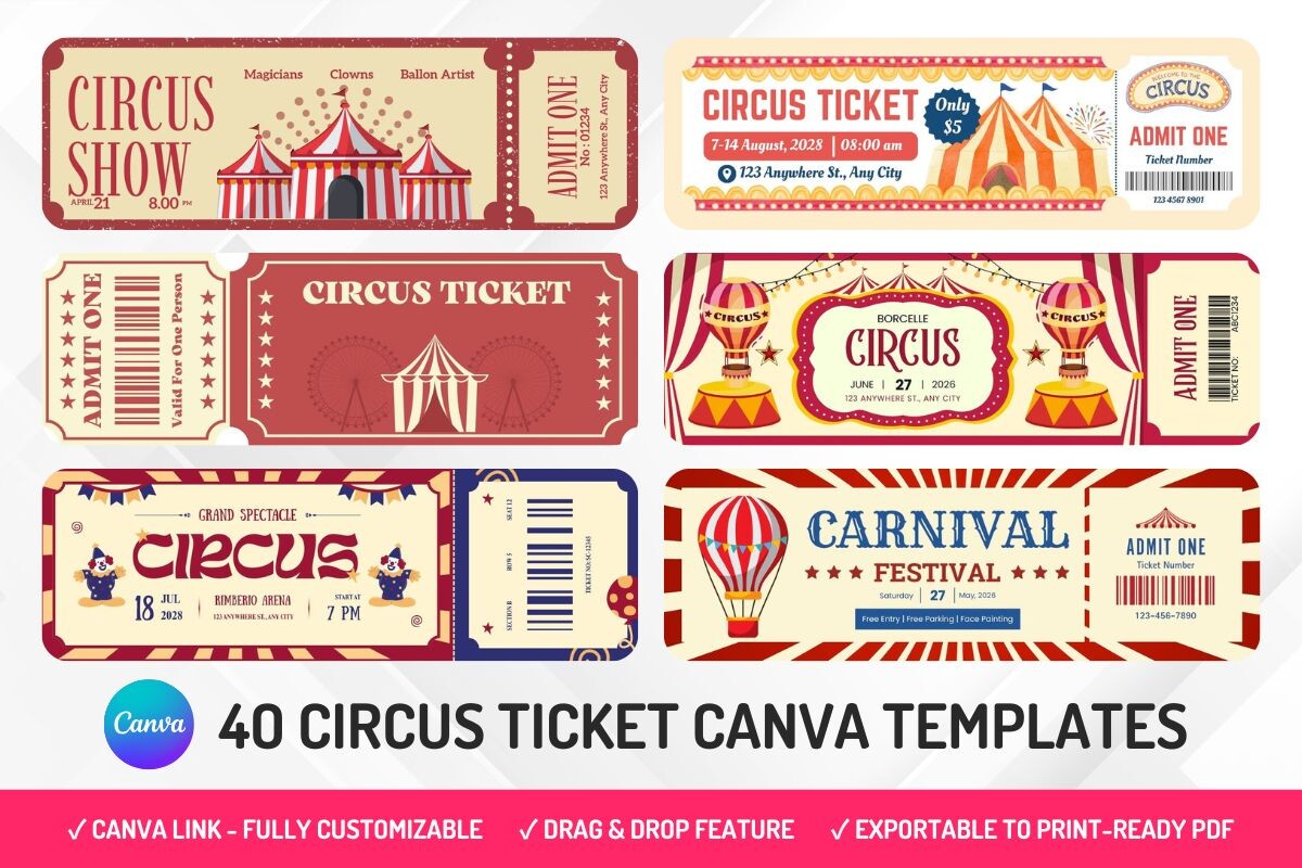 40 Circus Ticket Canva Templates