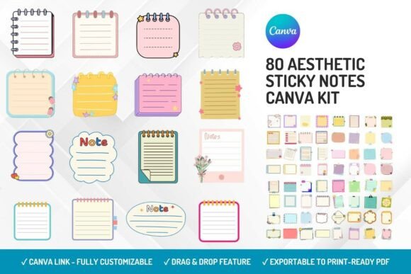 80 Aesthetic Sticky Notes Canva Kit