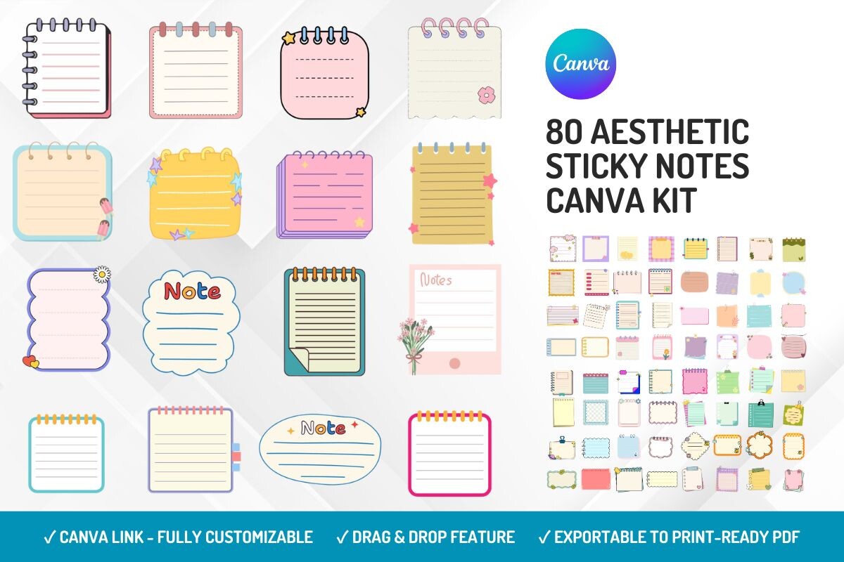 80 Aesthetic Sticky Notes Canva Kit