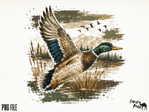 Flying Mallard Duck PNG, Vintage Waterfo