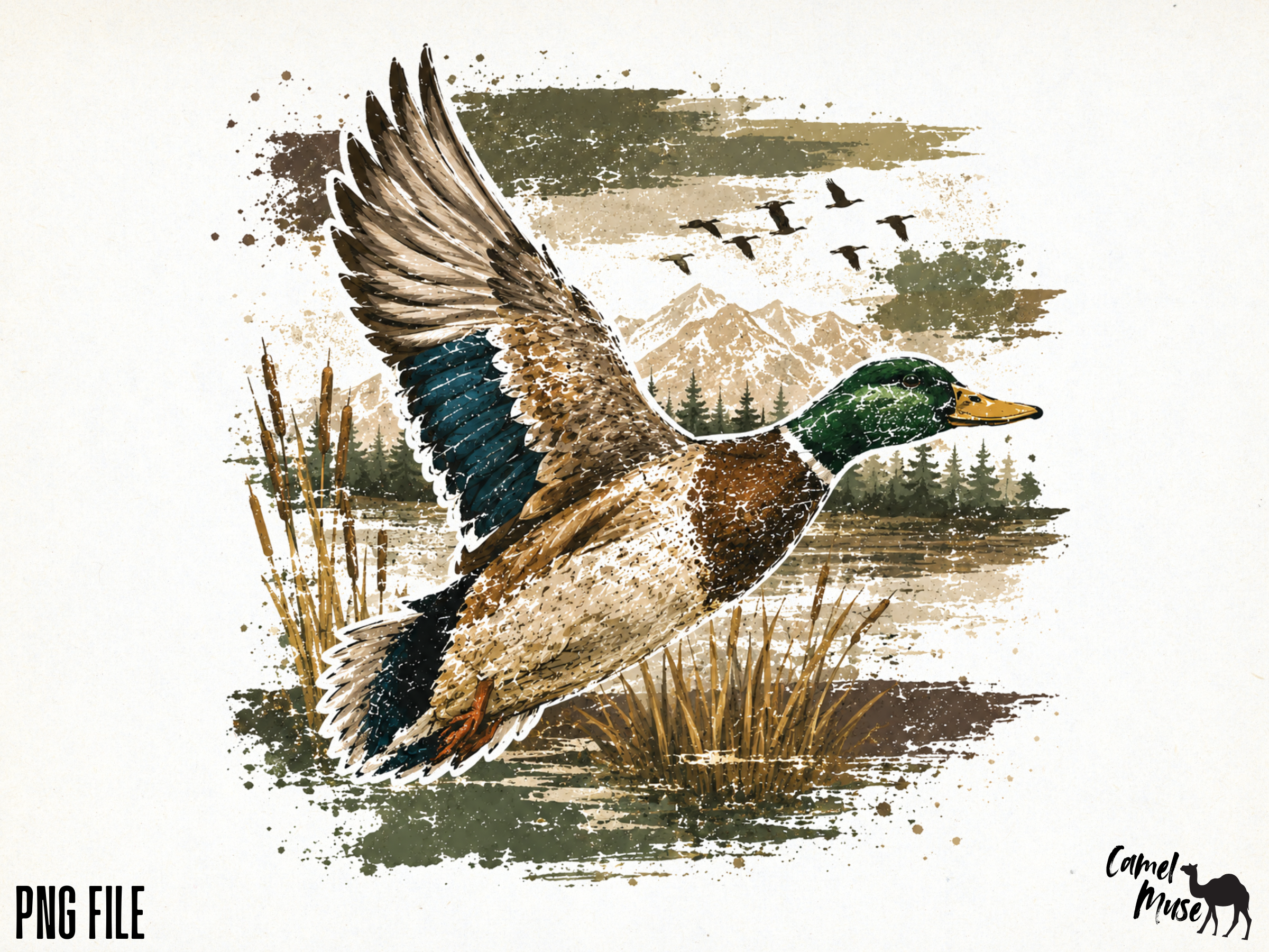 Flying Mallard Duck PNG, Vintage Waterfo