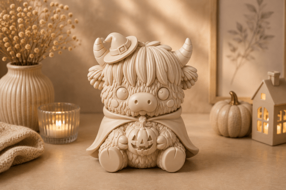 Halloween Highland Cow STL | Cute Witch 3D Print Model - Image 3