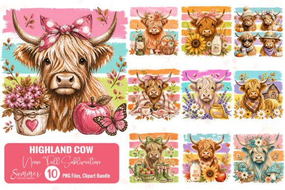 Highland Cow Neon Fall Sublimation PNGs