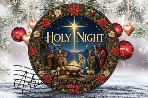 Holy Night Round Ornament Door Sign Png