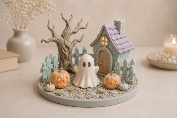 Spooky Halloween Village STL | Cute Ghost Cottage Scene - Image 1