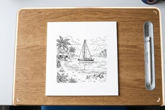 Tropical Sailboat Beach Coloring Page