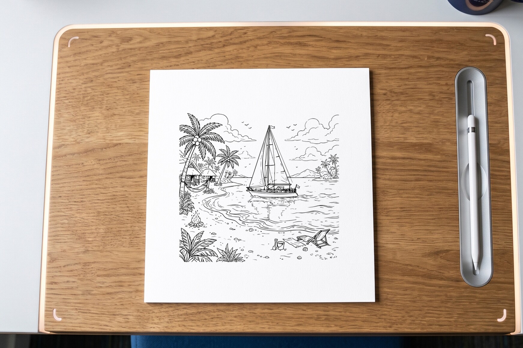 Tropical Sailboat Beach Coloring Page