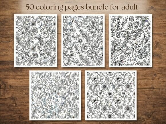 50 Seamless Floral Coloring Pages Bundle