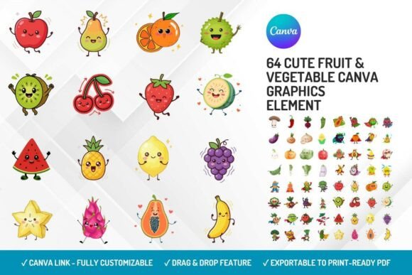 Cute fruit and vegetable Canva graphics for food-themed designs