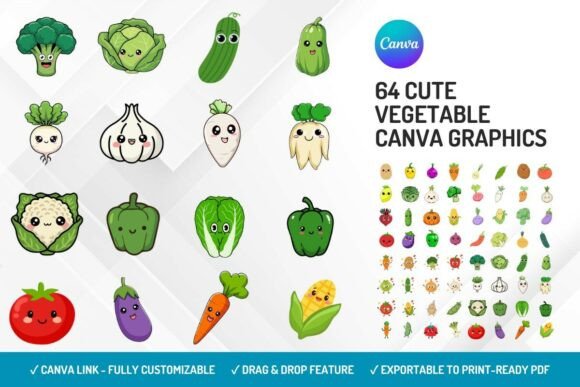 Cute vegetable Canva graphics for kids and educational projects